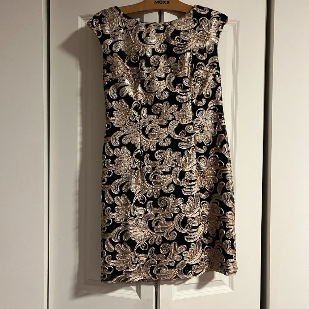 Betsy & Adam Black with Gold Ribbon and Sequin Embellished Sheath Dress 